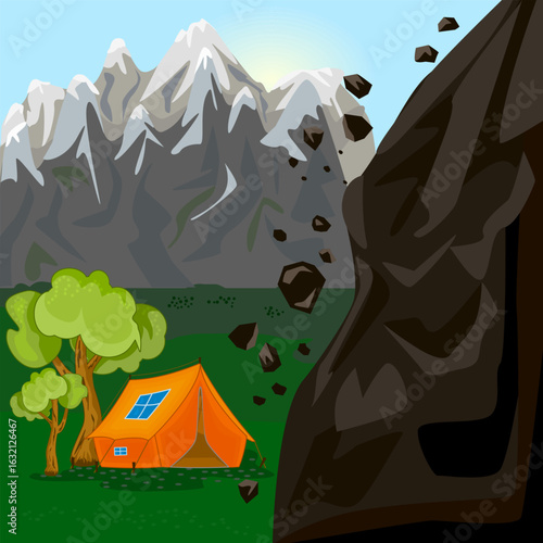 Camp tent and stones landslide. Dangerous cliff with debris near campsite. Danger mountain campsite, hazard summer camping, risk nature tourism, peril hiking concept. Rockfall and tourist tent. Vector