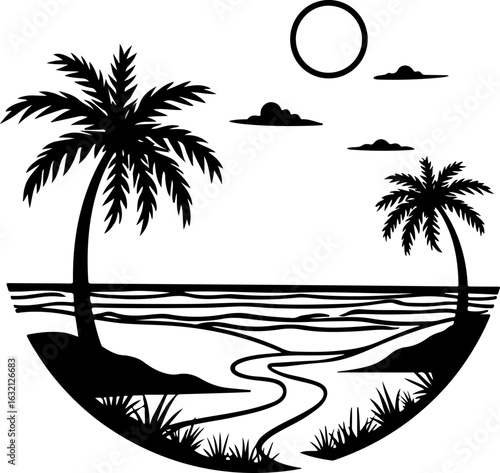 Tropical Escape: Sunset Beach Silhouette with Palm Trees