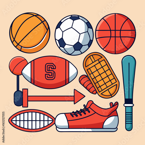 Collection of colorful sports equipment and athletic gear arranged in a playful pattern