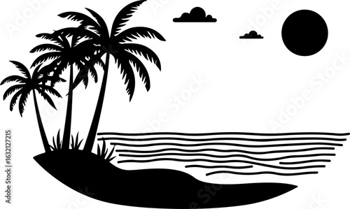 Tropical island, palm trees, beach scene, black silhouette, vector graphics