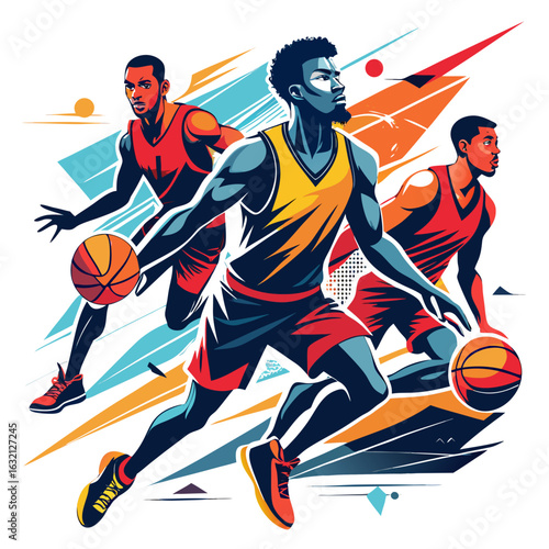 Dynamic illustration of three basketball players in action dribbling and passing during a fast paced game