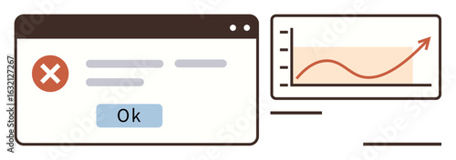 Pop-up browser alert with error icon and Ok button next to a graph showing upward trend. Ideal for data analysis, problem-solving, performance monitoring, troubleshooting, technology, recovery