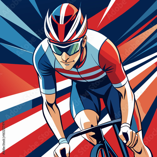 Dynamic stylized illustration of a cyclist in motion against a red white and blue abstract background
