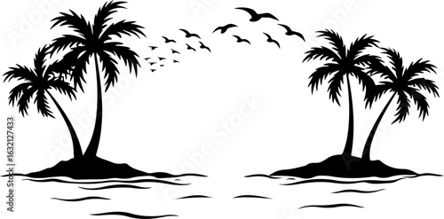 Tropical island, palm trees, black silhouette, vector illustration, beach landscape
