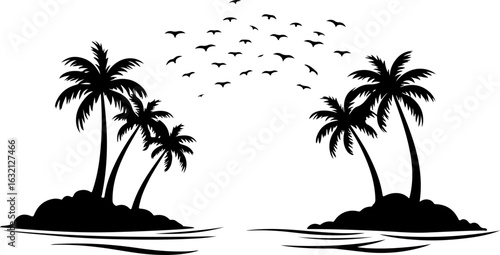 Tropical island, palm tree silhouettes, black vector icons, summer vacation graphics, beach landscape