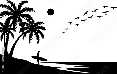 Tropical beach scene, black silhouette, palm trees, surfer, vector illustration