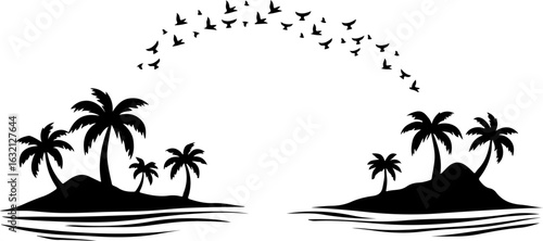 Tropical island, palm trees, birds flying, black silhouette, vector icons