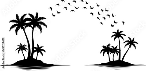 Tropical palm tree islands, black silhouette, vector graphics, exotic landscape