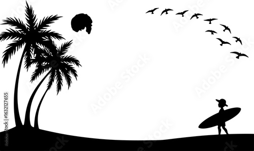 Tropical beach scene, palm trees, surfer silhouette, vector illustration, black and white