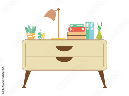 A wooden bedside table or chest of drawers, a dresser with books, plants, and a lamp illuminating a cozy home interior. vector illustration design