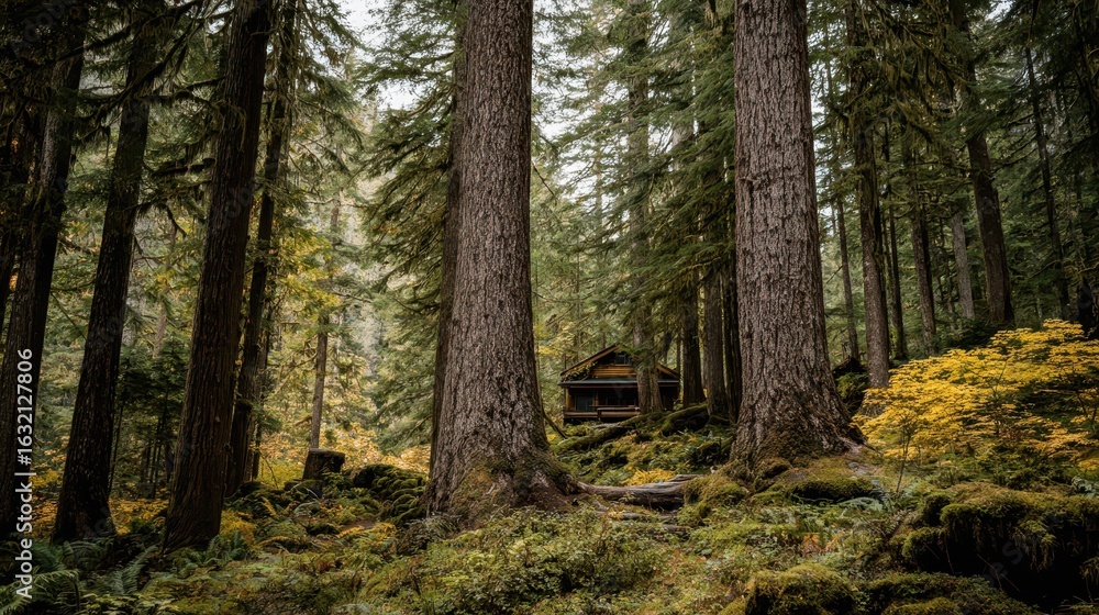 Fototapeta premium Rustic cabin nestled within a lush forest.