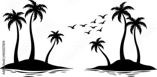 Tropical island, palm tree silhouettes, black vector icons, summer vacation graphics, white background
