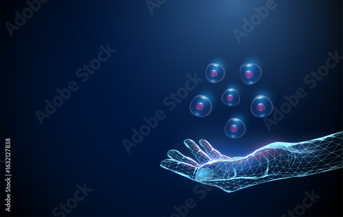 Giving hand with floating stem cells. Healthcare regenerative medicine, stem cell donation, transplantation, personalized therapy, cellular reprogramming concept.