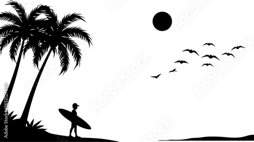 Surfing silhouette, tropical beach scene, palm trees, black vector icons