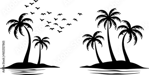 Tropical palm tree island silhouettes, black palm trees, island landscape, vector graphics