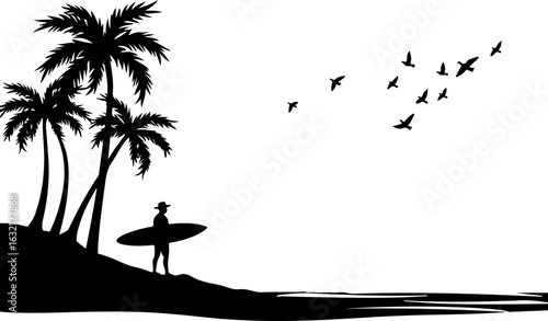 Black silhouette surfer, tropical beach scene, palm trees, vector illustration