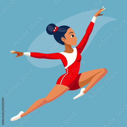 Graceful female gymnast in a red leotard performing an athletic pose mid air against a blue background