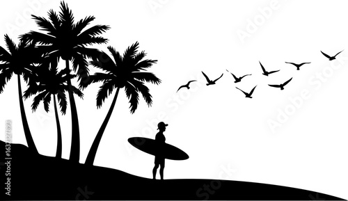 Surfing silhouette, tropical beach scene, palm trees, surfer vector