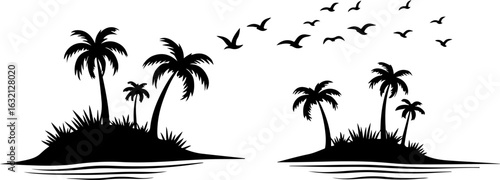 Tropical island, palm tree silhouettes, black vector icons, beach landscape