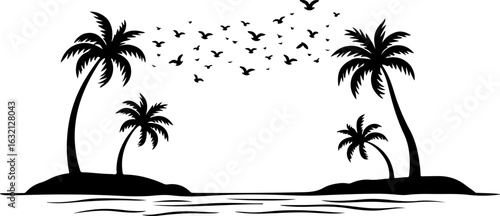 Tropical island, palm trees, black silhouette, vector illustration, beach landscape