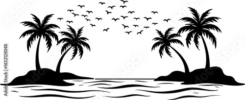 Tropical island, palm trees, black silhouette, vector illustration, beach landscape
