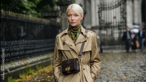 Blonde Woman in Beige Trench Coat and Scarf on Rainy City Street