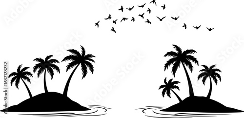 Tropical island, palm trees, black silhouettes, vector icons, summer vacation symbols