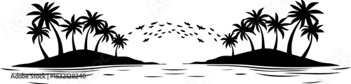 Tropical island, palm trees, black silhouette, vector graphics, beach landscape