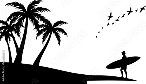 Surfing silhouette, tropical beach scene, palm trees, surfer with board
