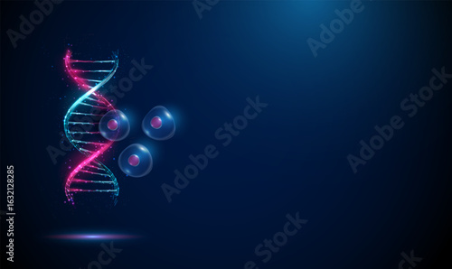 DNA strand with floating stem cells. Genetic regulation, cell reprogramming, pluripotency, CRISPR technology, epigenetic modification, gene therapy concept.