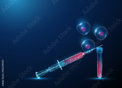 Syringe, test tube with blood, floating stem cells. Hematopoietic stem cell collection, regenerative medicine, blood sampling, personalized therapy concept.
