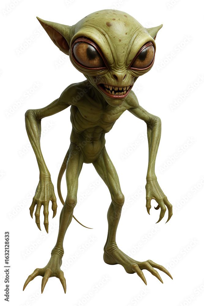 Fototapeta premium A creepy green alien with sharp teeth and big eyes stands against a transparent background.