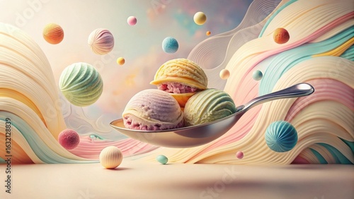 A whimsical depiction of delectable ice cream scoops nestled in a gleaming spoon, suspended amidst a vibrant swirl of pastel-colored textures and playfully floating spheres.
