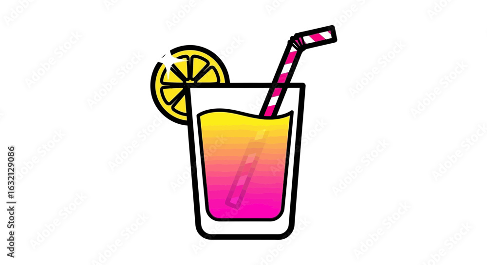 Illustration of a glass with a yellow and pink drink garnished with a lemon slice and a striped straw Illustration of a glass with a yellow and pink drink garnished with a lemon slice and a striped straw
