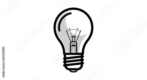 A black and white drawing of a light bulb with a visible filament and a shaded glass bulb shape design