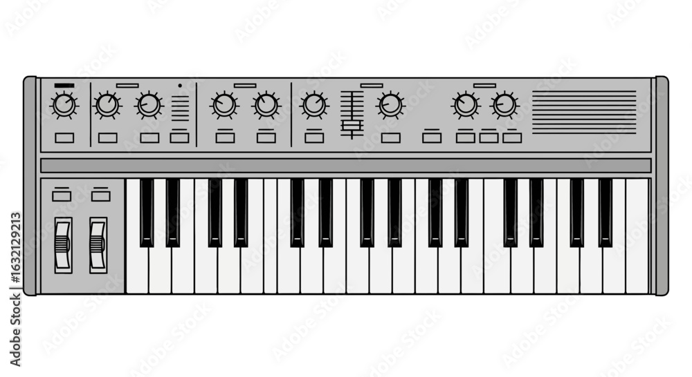Fototapeta premium Illustration of a gray synthesizer keyboard with knobs sliders and black and white keys for music creation