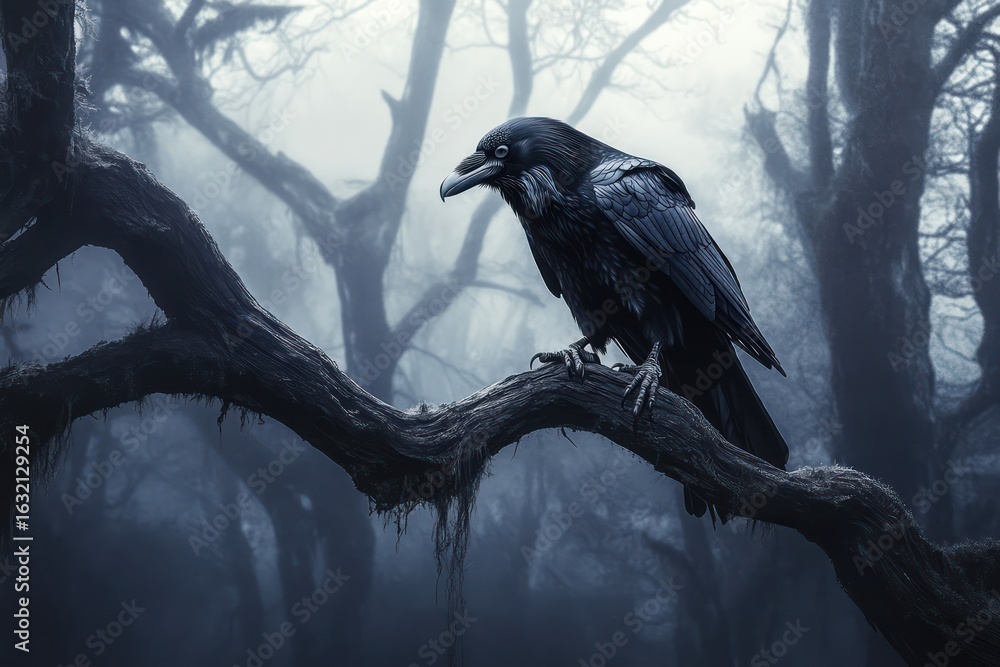 Fototapeta premium Raven on twisted tree in gothic forest