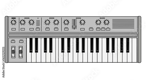 Illustration of a gray synthesizer keyboard with knobs sliders and black and white keys for music creation
