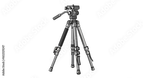 Illustration of a silver colored camera tripod with a black handle and adjustable legs for stability