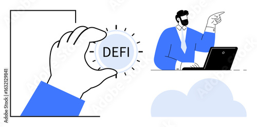 Hand holding decentralized finance token, businessman pointing at laptop with cloud below. Ideal for finance, blockchain, crypto, decentralization, technology, innovation, strategy simple flat