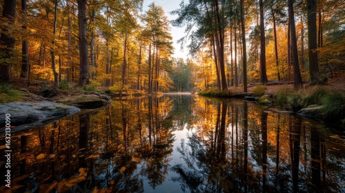 Wallpaper Mural Autumn Forest Lake Reflection: Golden Sunlight on Trees Torontodigital.ca