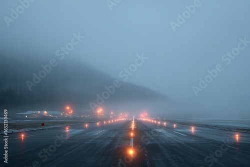 Empty airport runway disappearing into fog at dusk