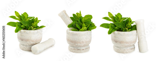 Fotografía Fresh mint with mortar and pestle isolated on white background