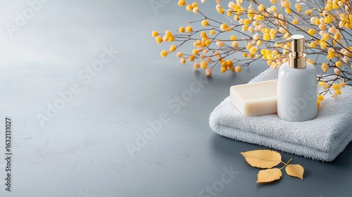 Relaxing spa setup with natural elements home bathroom product photography calm environment close-up view self-care concept