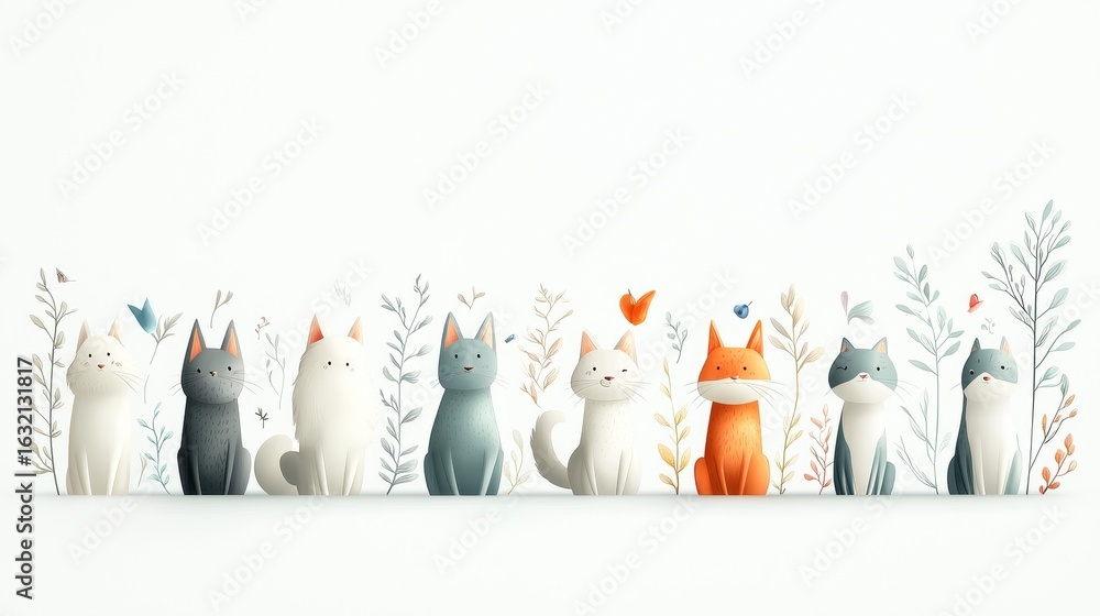 Obraz premium Charming cat gathering whimsical art studio digital illustration bright environment playful viewpoint feline concept