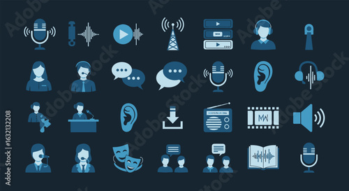 Vector art of set of podcast and radio icons in blue color on a dark background