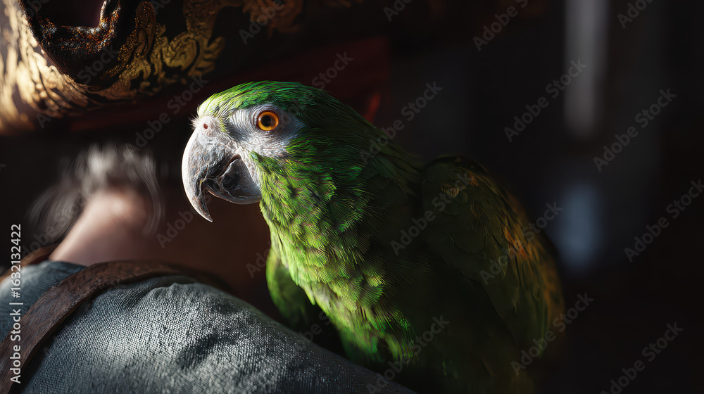 Obraz premium Parrot on Pirate Shoulder Dramatic Lighting
