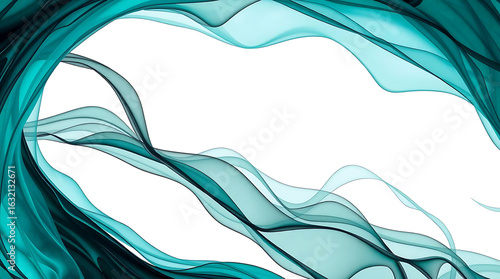 Abstract teal flowing ribbon waves isolated on white background, creating a light and airy texture for modern design and artistic backgrounds