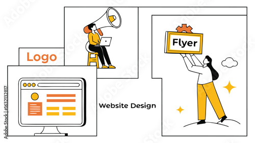 Illustration showing website design logo flyer and marketing with people using laptop and megaphone and holding flyer