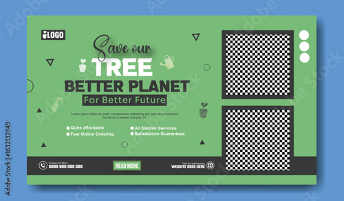 Green poster promoting a tree planting event with a beautiful agricultural landscape and planting information